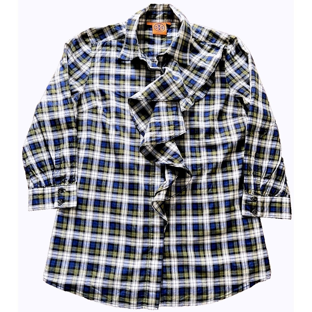 Tory Burch Preppy Tartan Plaid Button Ruffle Preppy Dark Academia Tailored SZ 6